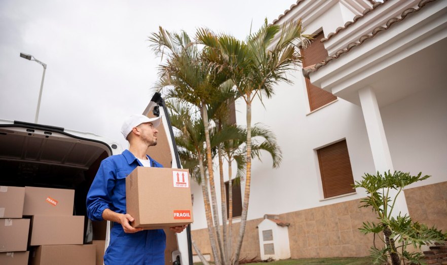 A mover in a blue shirt carrying a cardboard box from a van to a white house with palm trees